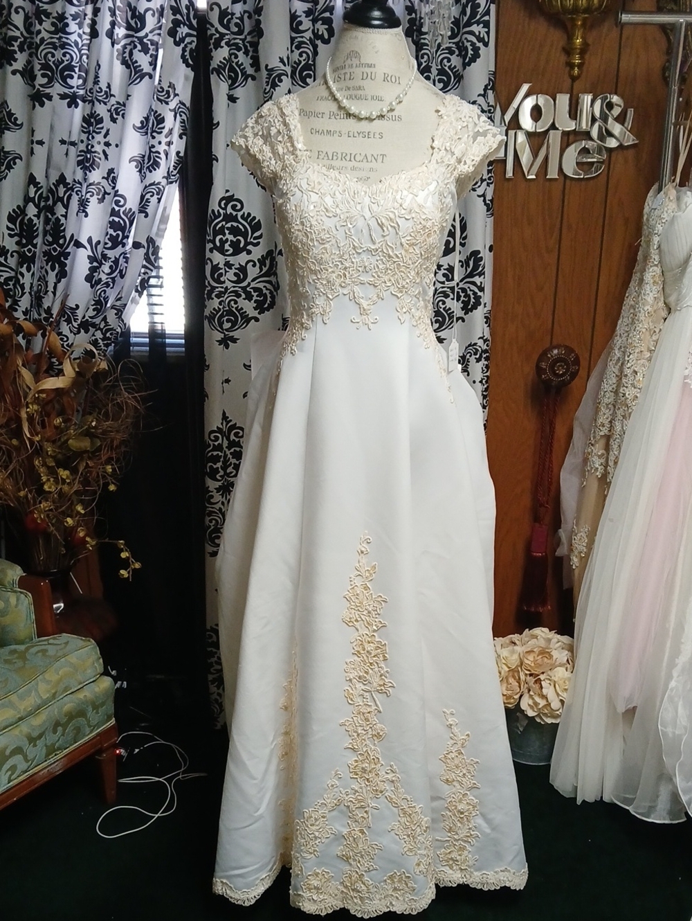 Mary's Bridal Ivory Wedding Gown with Gold Lace Appliqué
